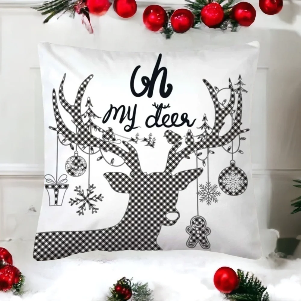 Pillow Cover Deer Christmas Zip Up Farmhouse White Black Plaid Large 17.7 in